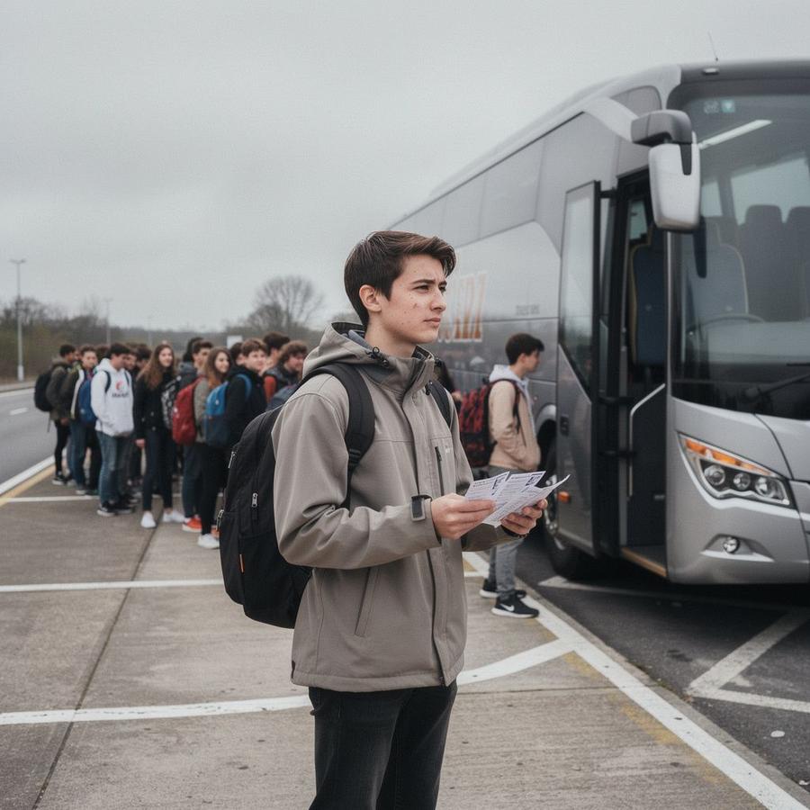 Group leader checking paper tickets with students at a coach door before departure