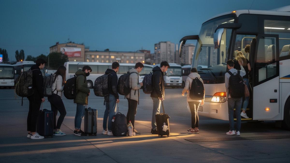 Students with backpacks boarding an overnight coach at a Kyiv bus terminal